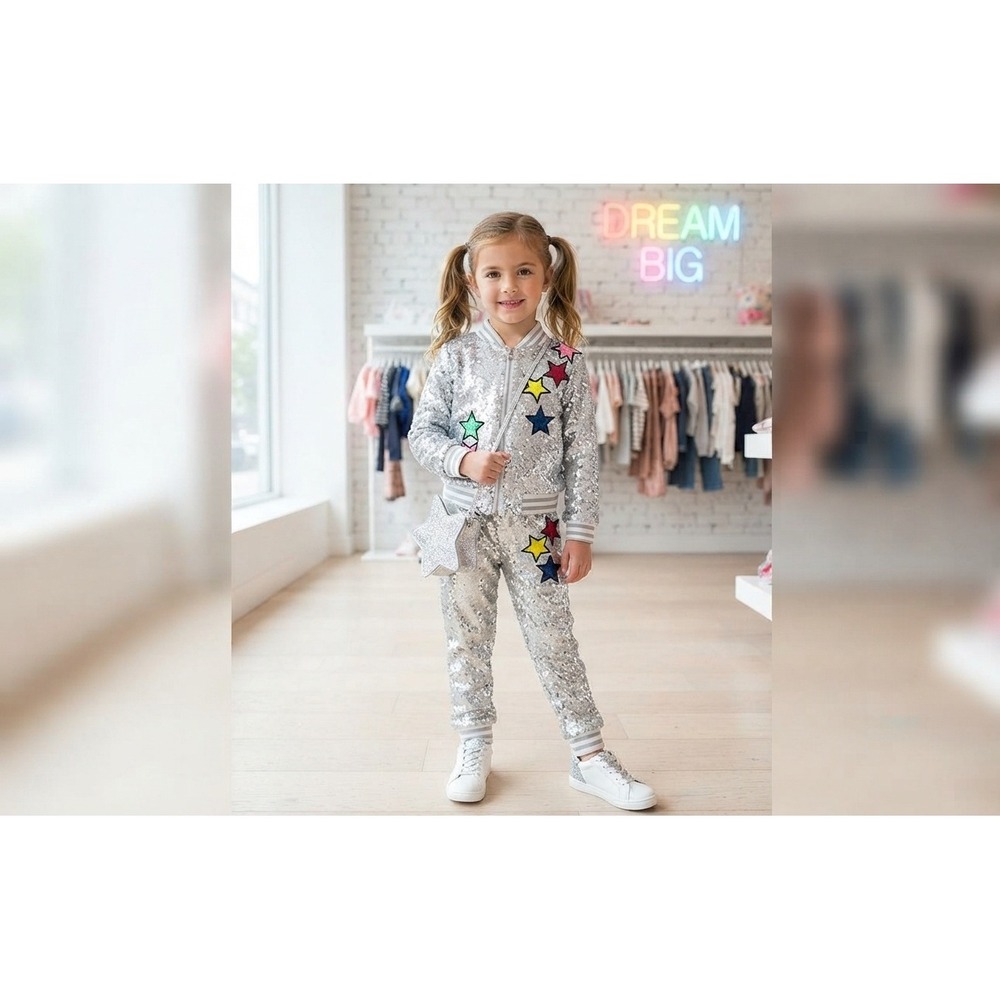 Lola + The Boys Sequin Jacket Jogger Set Kids 6 Silver Excellent Unicorn Stars